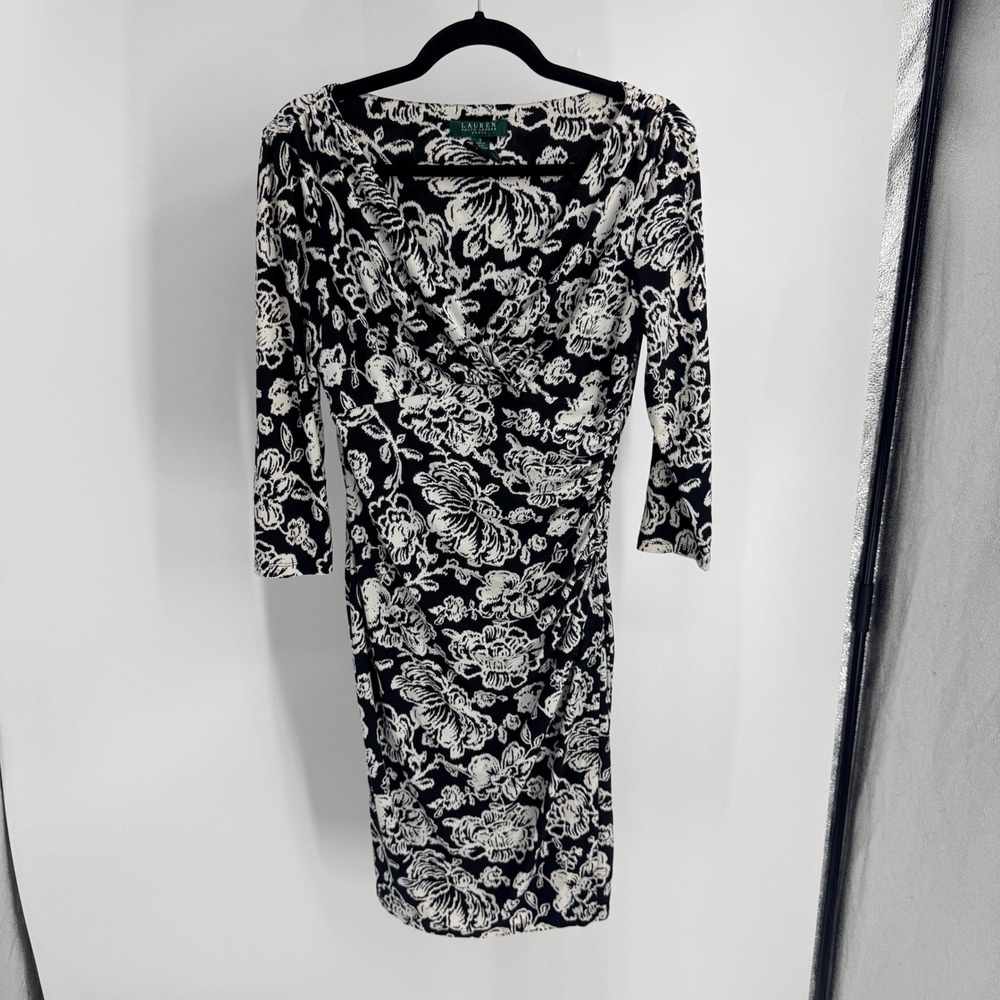 Lauren Ralph Lauren Black White Floral Ruched Sheath Dress 8 3/4 Sleeve V-Neck